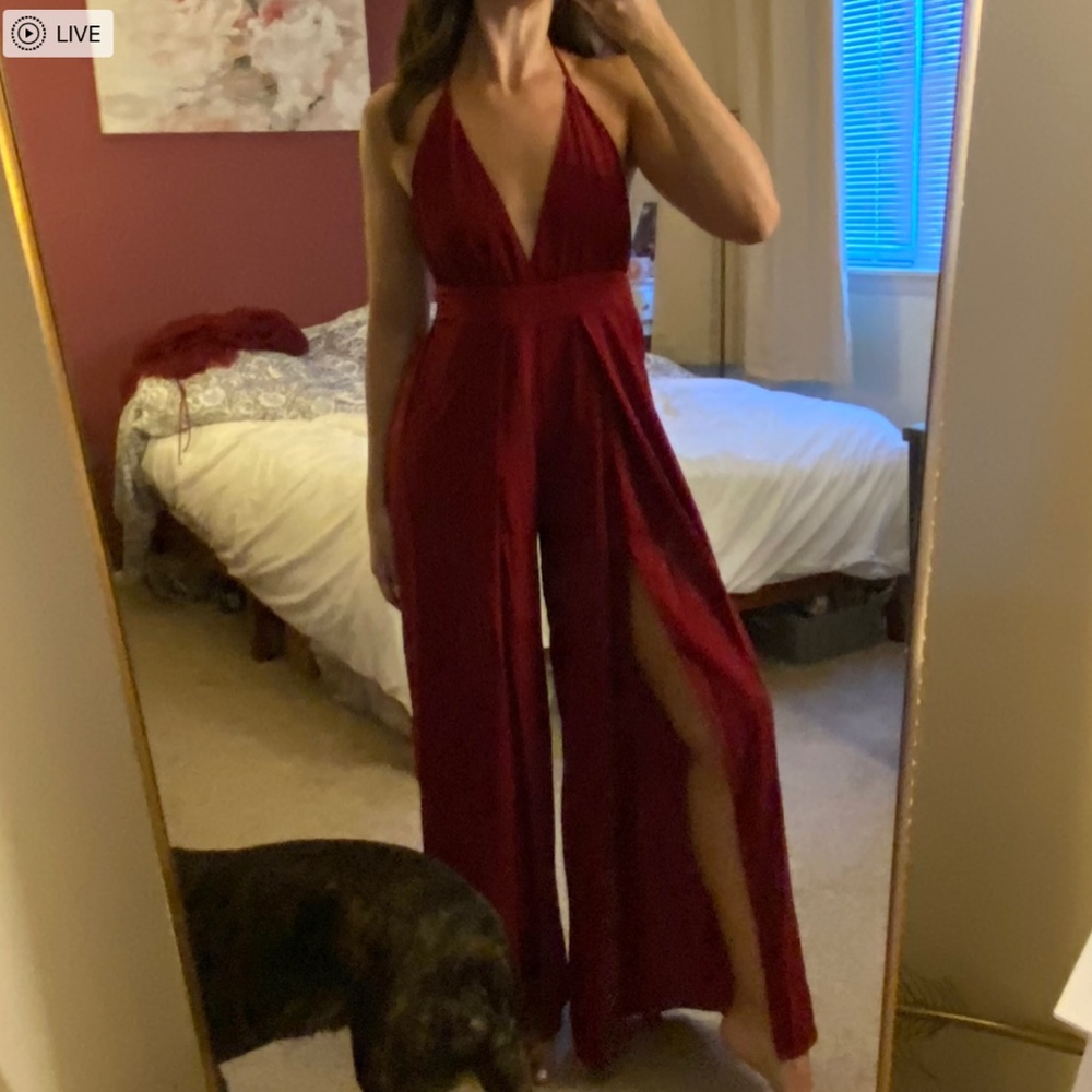 Lulus Deep Red Dress Jumpsuit with Slits - Size Small